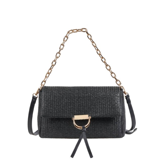 Verde Αμπιγιέ Ψάθινη Τσάντα Ώμου Μαύρο