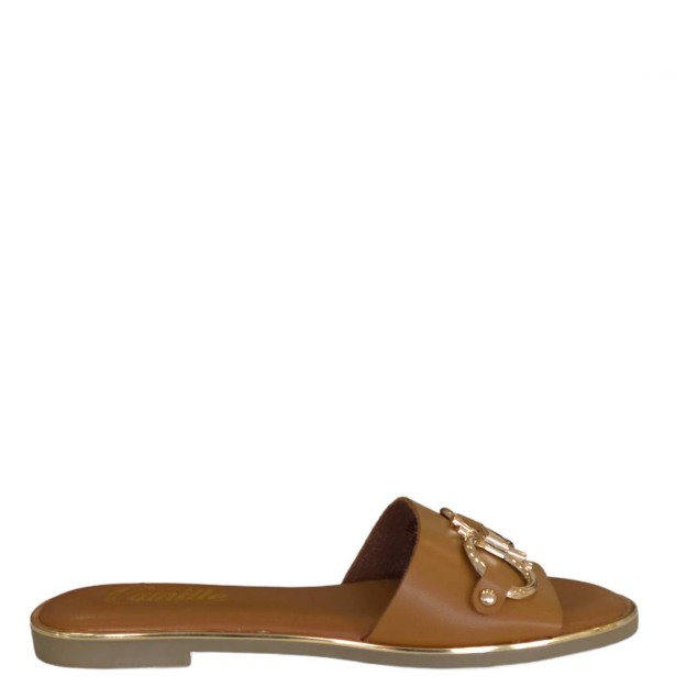 Camille Γυναικεία Σανδάλια με Χρυσή Εγκράφα Κάμελ QL2023-25C