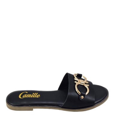 Camille Γυναικεία Σανδάλια με Χρυσή Εγκράφα Μαύρα QL2023-25M